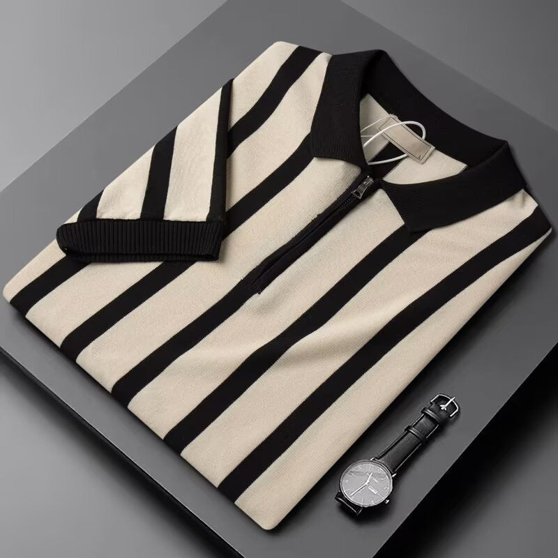 Color blocking striped zipper ice silk knitted T-shirt