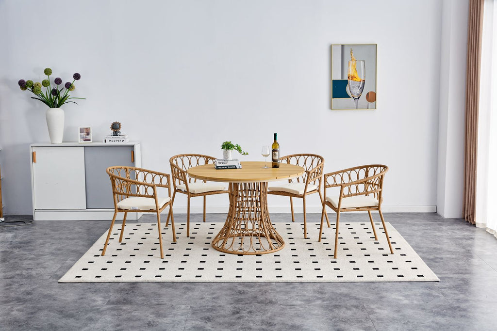 Outdoor dining set of 5 simple bamboo dinning table  PE ratten round table 110CM plastic wood top