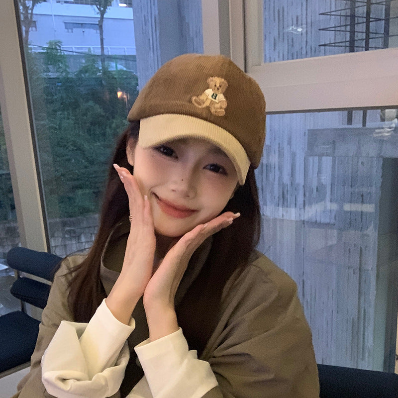 Cute bear embroidered baseball hat for women autumn and winter corduroy color matching retro duckbill cap