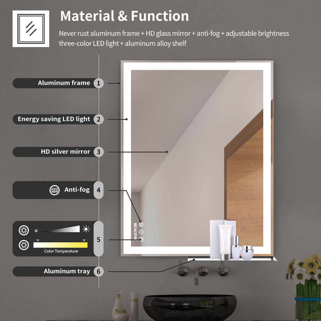 48x24 inch LED bathroom makeup mirror wall mounted adjustable light anti fog touch switch with memory intelligent large bathroom