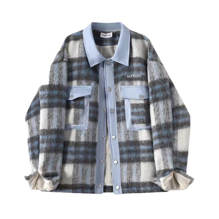 Casual color blocked plaid woolen men's and women's tops jackets
