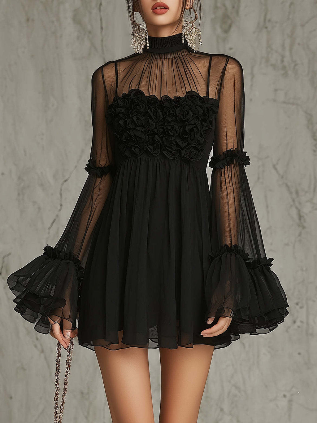 Floral Embroidered Sheer Lace Dress with High Neck and Flared Sleeve