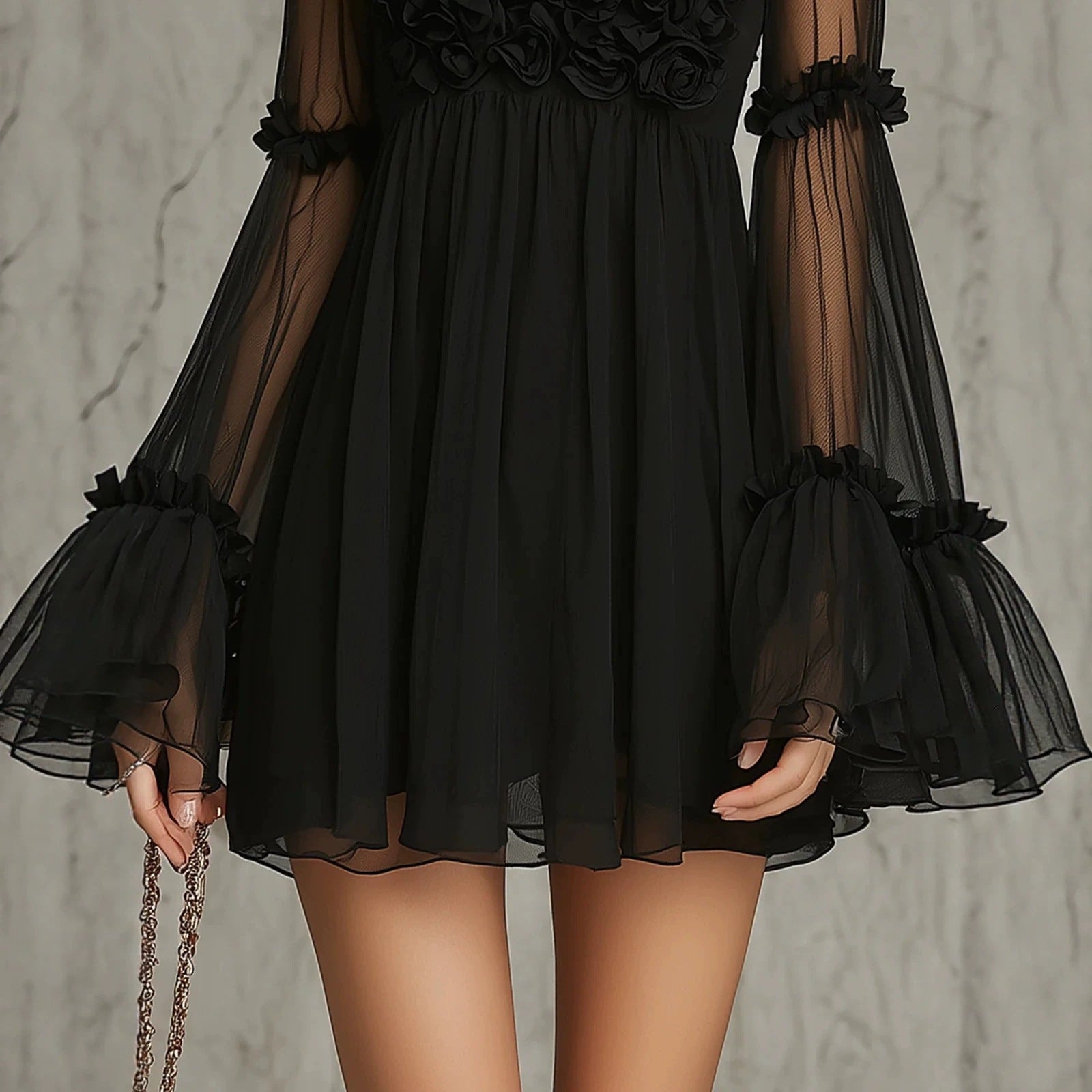 Floral Embroidered Sheer Lace Dress with High Neck and Flared Sleeve