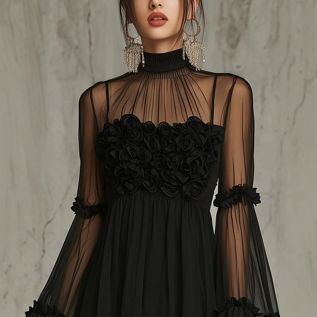 Floral Embroidered Sheer Lace Dress with High Neck and Flared Sleeve