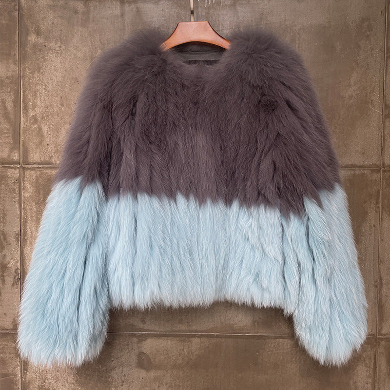 Faux Fox Fox Fur Splice Color Contrast Bomber Jacket Strips Sewed Fluffy Imitation Mink Fur Coat Furry Cardigan Hair Parkas Tops