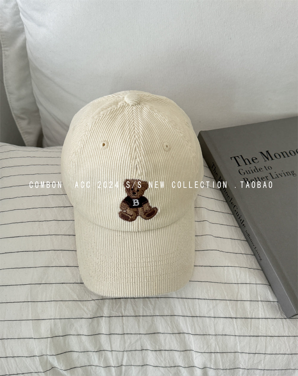 Cute bear embroidered baseball hat for women autumn and winter corduroy color matching retro duckbill cap