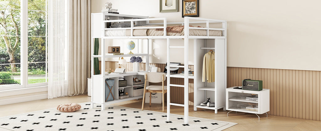 Metal loft bed with wardrobe and L-shaped desk, full-size loft bed with storage cabinet and shelf, white