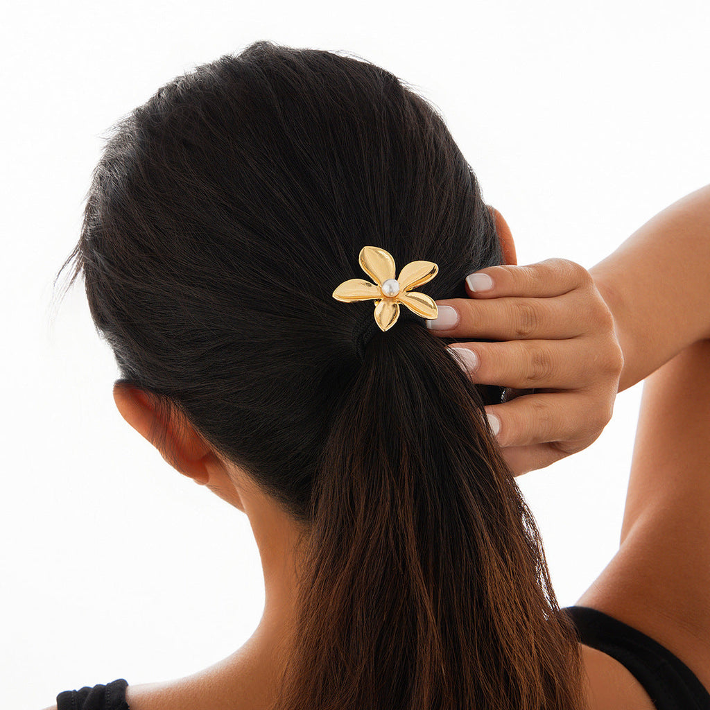Versatile five petal flower alloy hair accessory with fashionable glossy imitation pearl bow headband