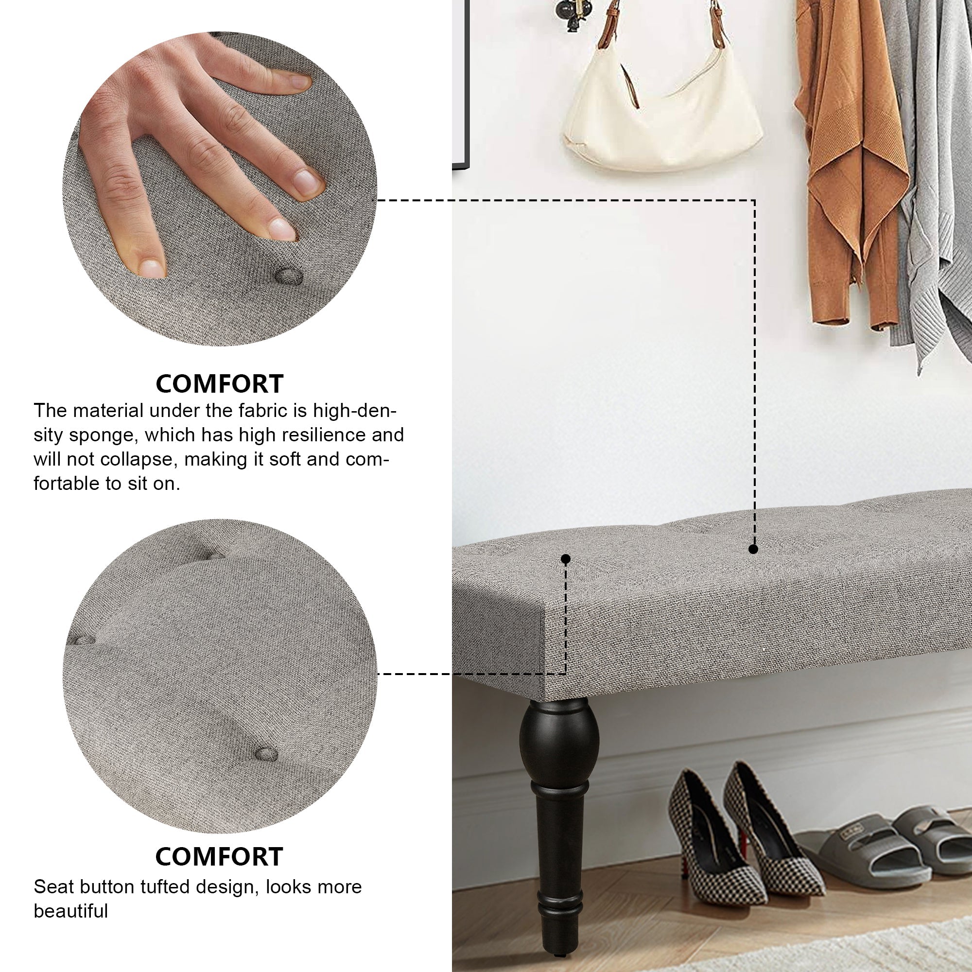 Ottoman Bench 4-thickened Roman Column Feet French Upholstered Bedside Bench For Bedroom Living Room Entryway