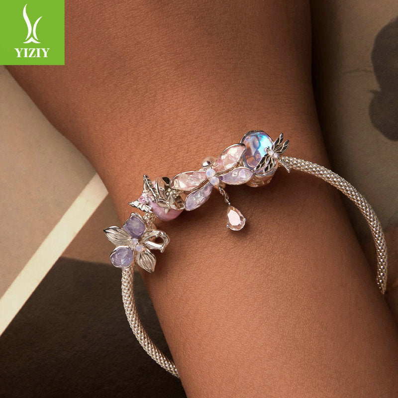 Silver Charm Pink Butterfly DIY Silicone Positioning Bracelet with Separated Beads Romantic Spring Day s925 Pure Silver Beads Loose Beads