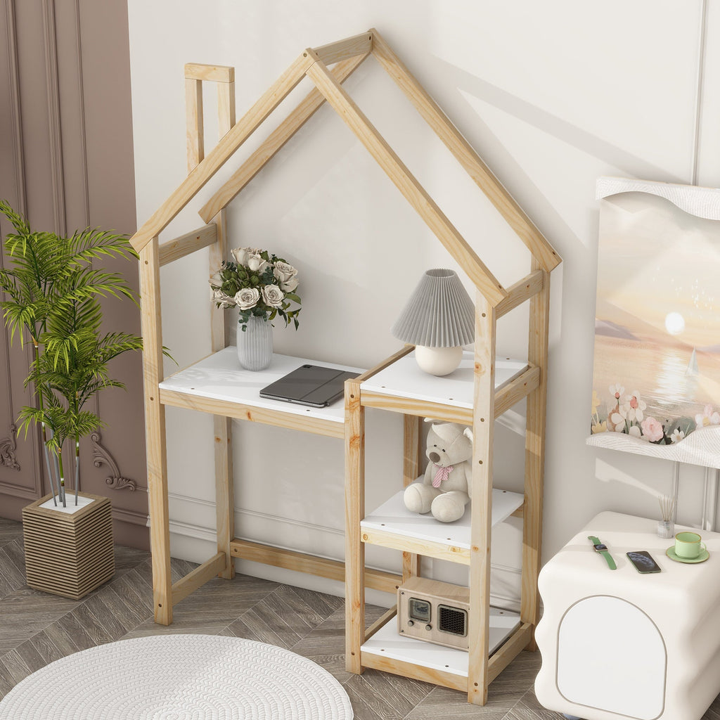 House-shaped Wooden writing Desk Kids study Table Bookshelf & Toy Storage Natural