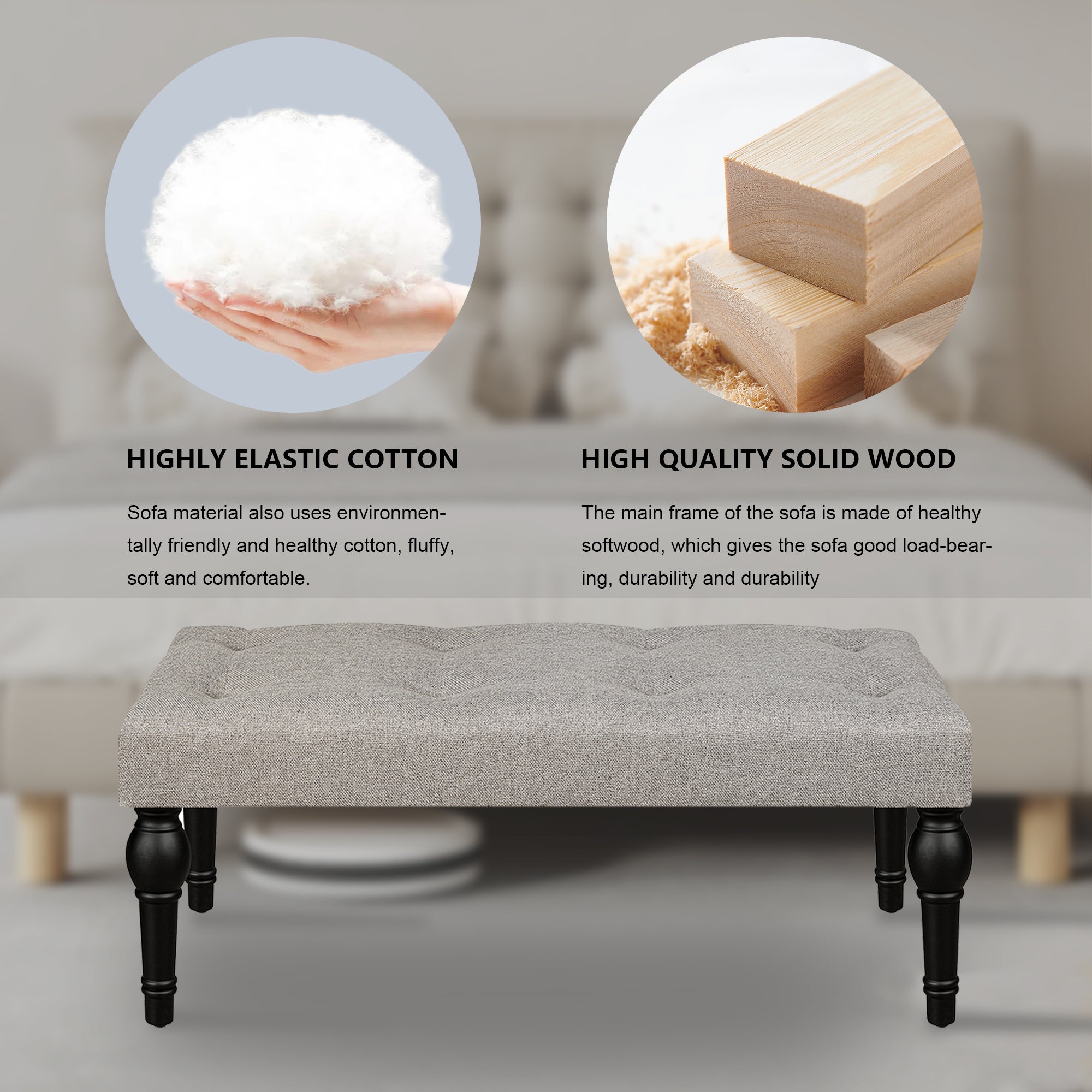 Ottoman Bench 4-thickened Roman Column Feet French Upholstered Bedside Bench For Bedroom Living Room Entryway