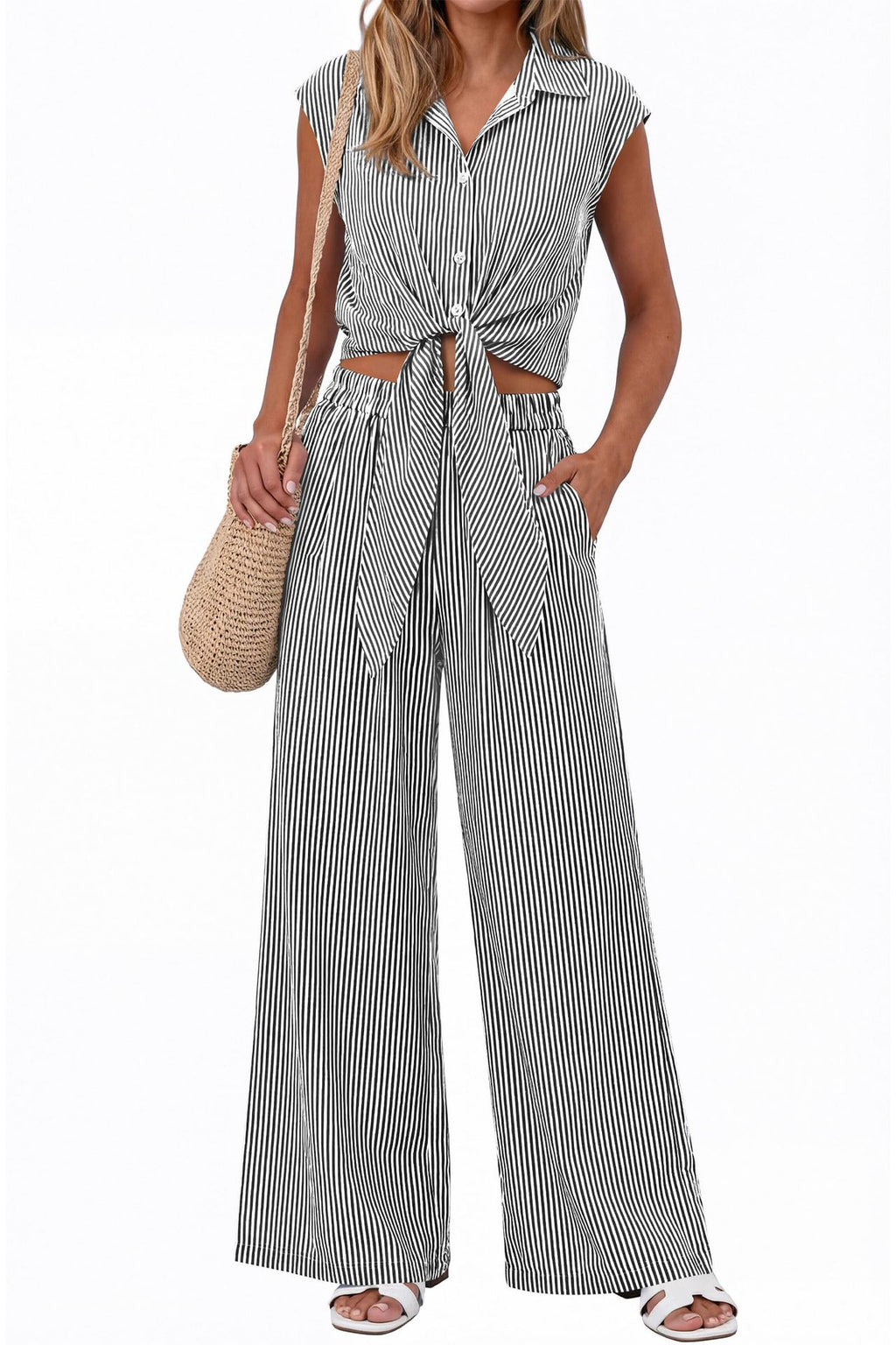 Spring Summer Women's Striped Buttoned Sleeveless Shirt and Pants Set