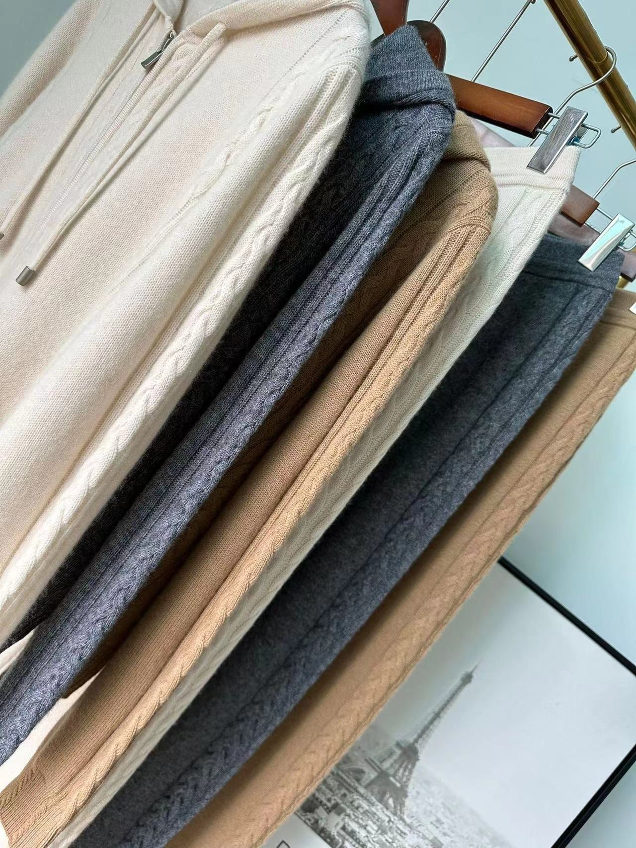 Casual cashmere suit twist knitted hooded sweatshirt cardigan leggings and trousers two piece set