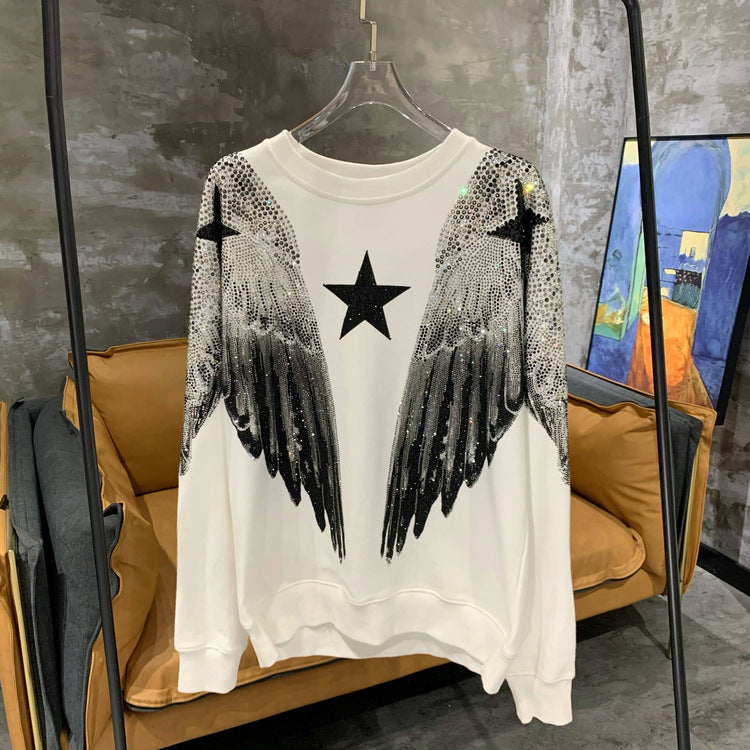 Autumn and winter luxury fashion hoodie for men and women, heavy-duty hot stamping, full diamond, large wings, wings, round neck pullover, couple style