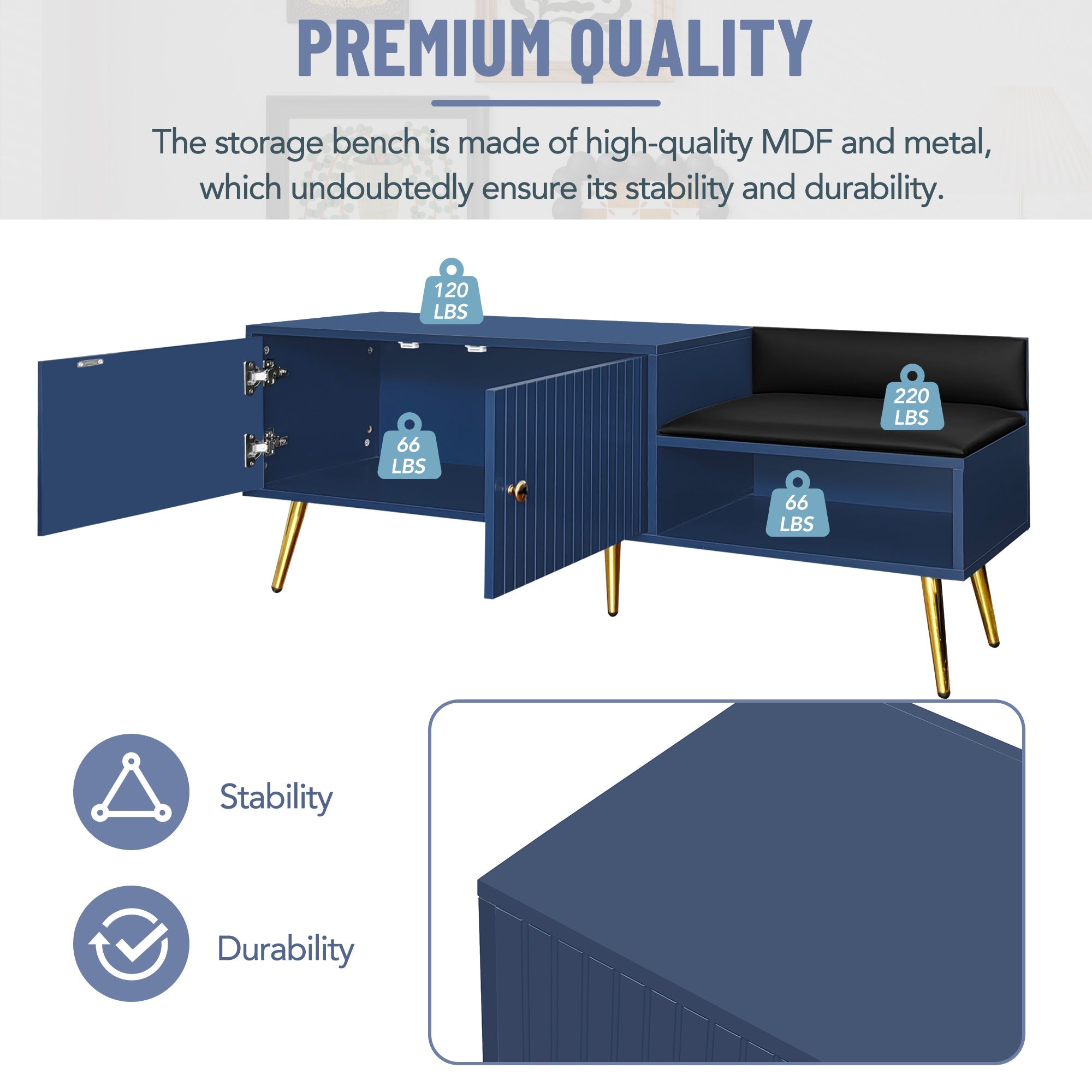 Modern Shoe Storage Bench with Hidden Storage and Upholstered Cushions for Bedside, Living Room and Entryway (Navy)