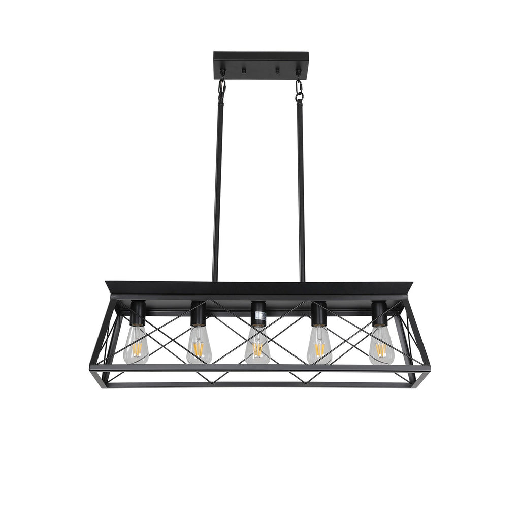 5-light farmhouse pendant light, metal pendant light island fixture, modern rectangular island light, pure black (no bulb)