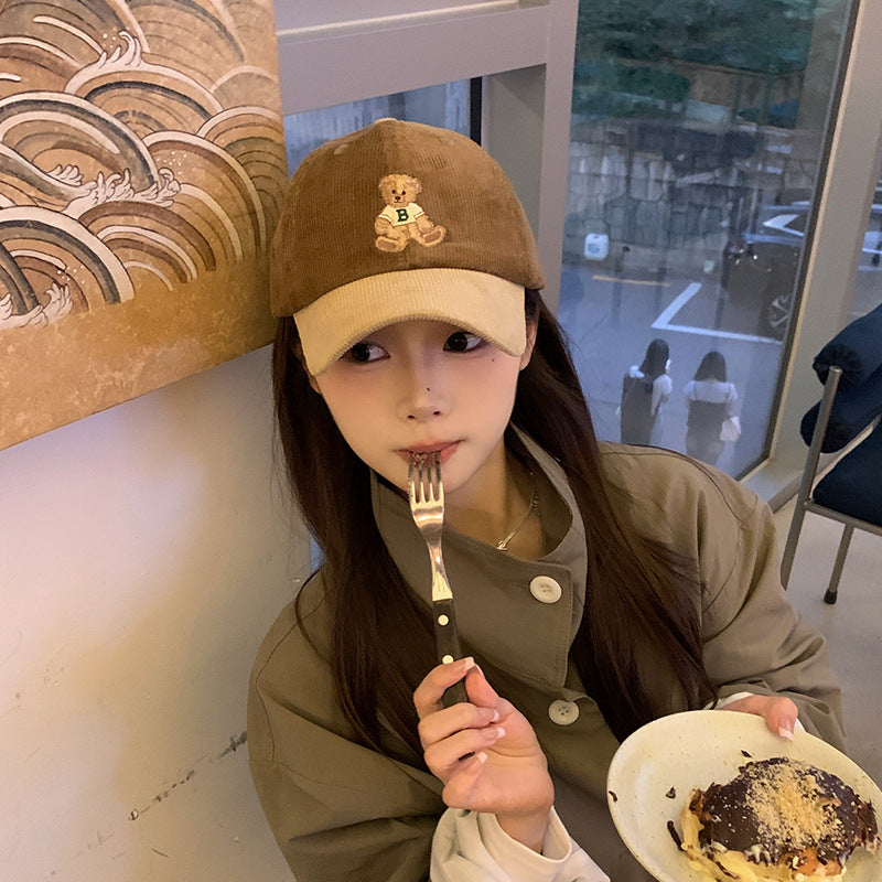 Cute bear embroidered baseball hat for women autumn and winter corduroy color matching retro duckbill cap
