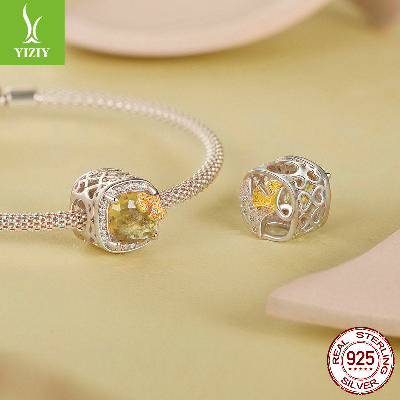 Silver Charm Original Autumn Golden Ginkgo Leaf DIY Bracelet Beads Luxurious Shining s925 Pure Silver Beads Loose Beads