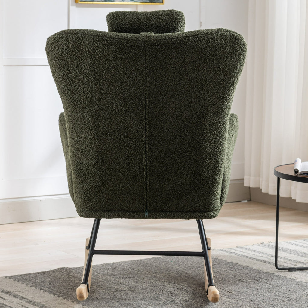 35.5-inch soft Teddy fabric rocking chair with pockets, comfortable wing straps, secure solid wood base (dark green)