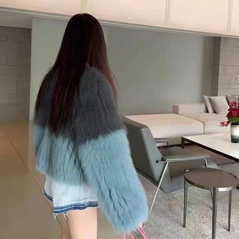 Faux Fox Fox Fur Splice Color Contrast Bomber Jacket Strips Sewed Fluffy Imitation Mink Fur Coat Furry Cardigan Hair Parkas Tops