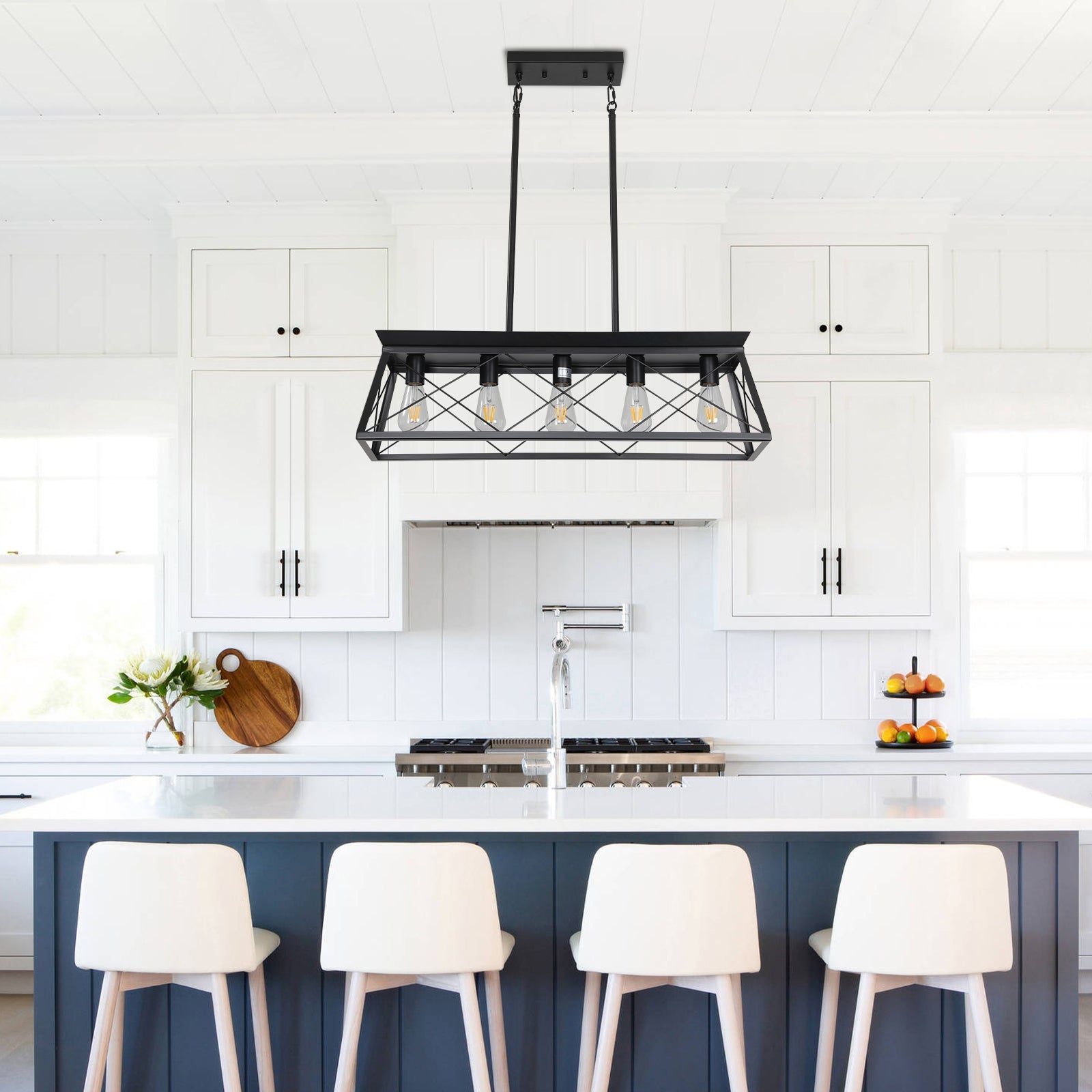 5-light farmhouse pendant light, metal pendant light island fixture, modern rectangular island light, pure black (no bulb)