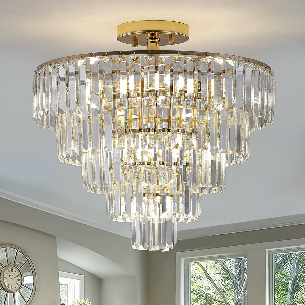 Gold Crystal Chandeliers,5-Tier Round Semi Flush Mount Chandelier Light Fixture,Large Contemporary Luxury Ceiling Lighting