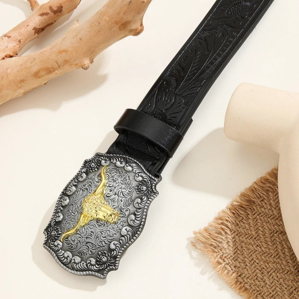 Western Cowboy Belt Versatile Bull Head Big Board Buckle Cowboy Carving Ethnic Style Male Punk PU Leather Belt