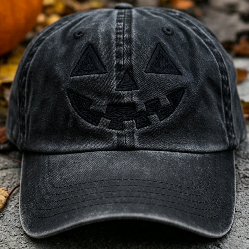 Halloween Pumpkin Smile Embroidered Baseball Cap, Washed Vintage Outdoor Sun Protection Duckbill Hat