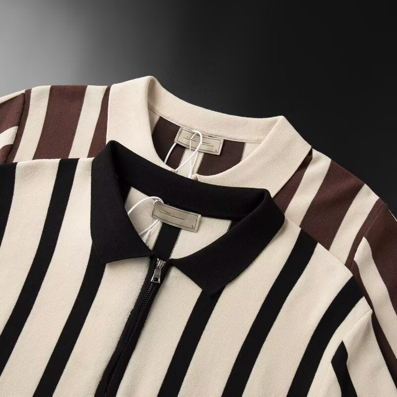 Color blocking striped zipper ice silk knitted T-shirt