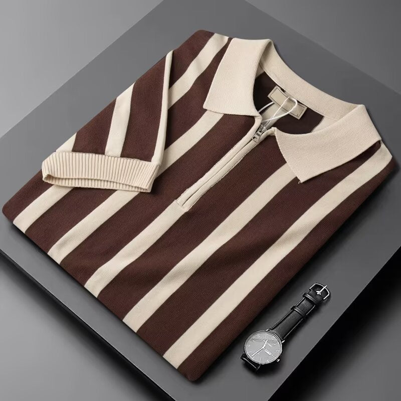 Color blocking striped zipper ice silk knitted T-shirt