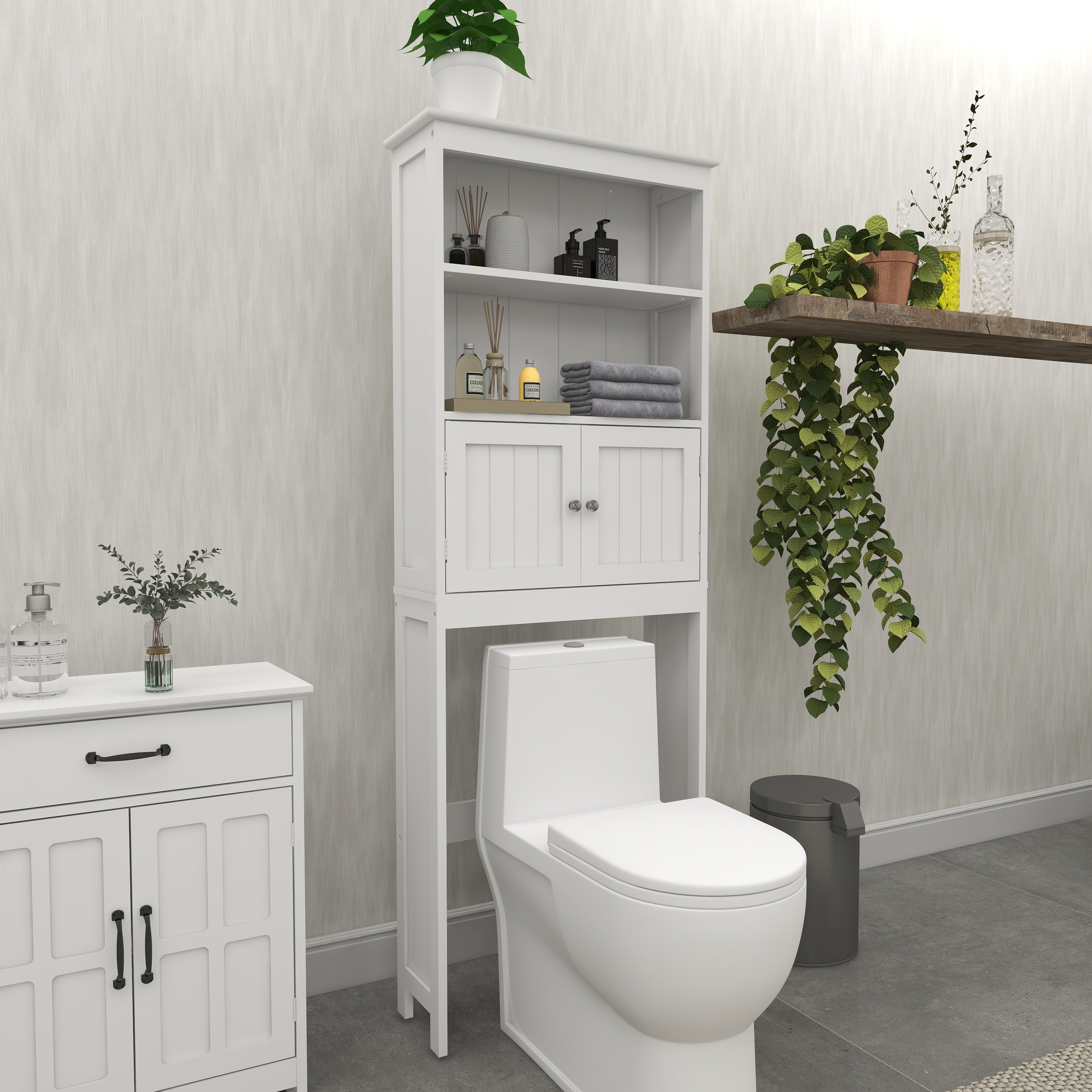 Over The Toilet Rack 2 -Tier Toilet Bathroom Spacesaver Storage Shelf with 2 Doors Wood Storage Organizer Cabinet