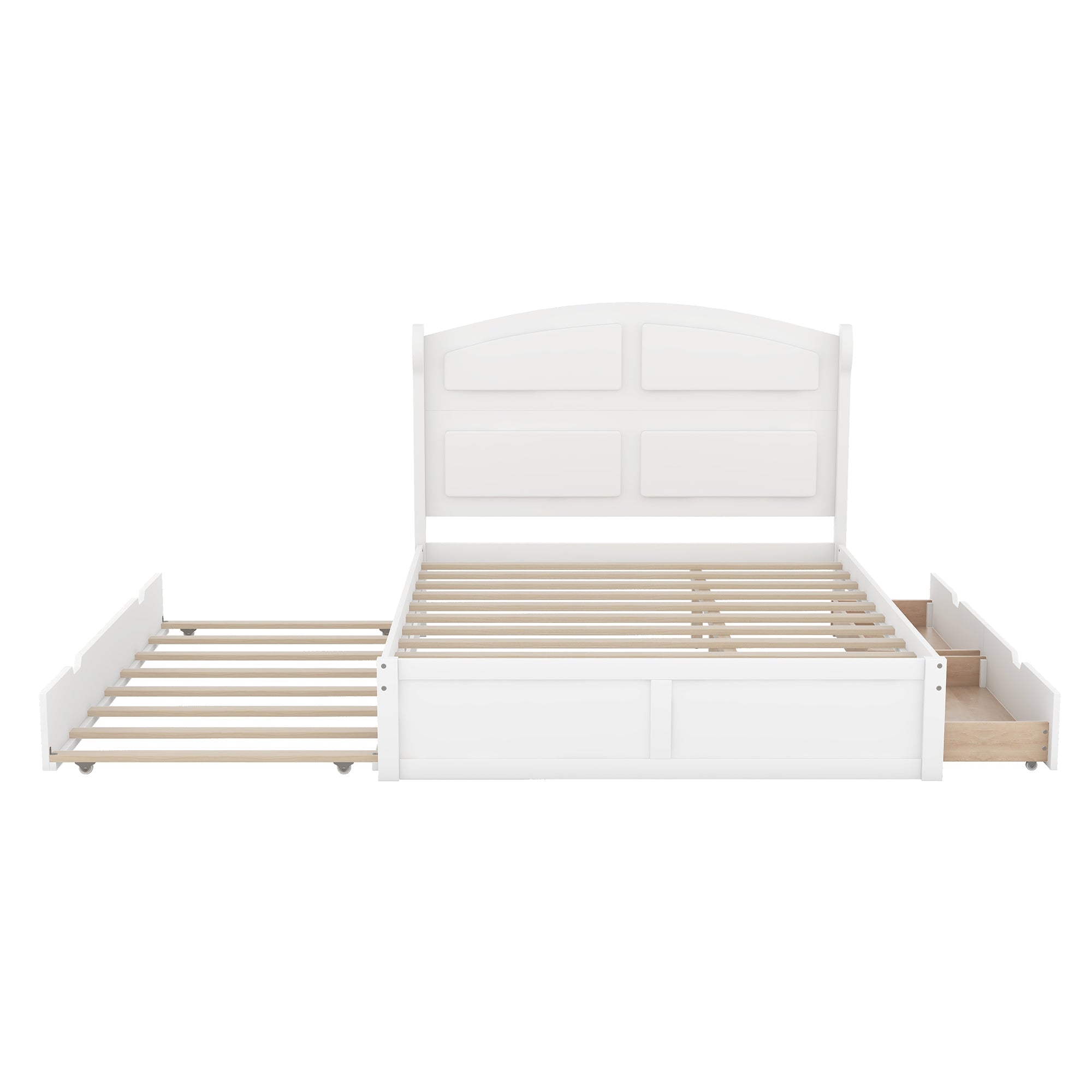 Wood Queen Size Platform Bed with Twin Size Trundle and 2 Drawers White