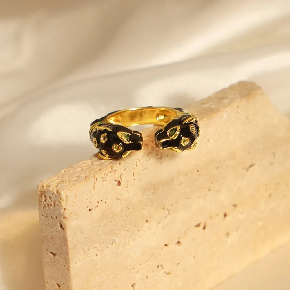 Black Panther Diamond Set Enamel Glazed Open Ring Fashionable and niche Design Jewelry for Women