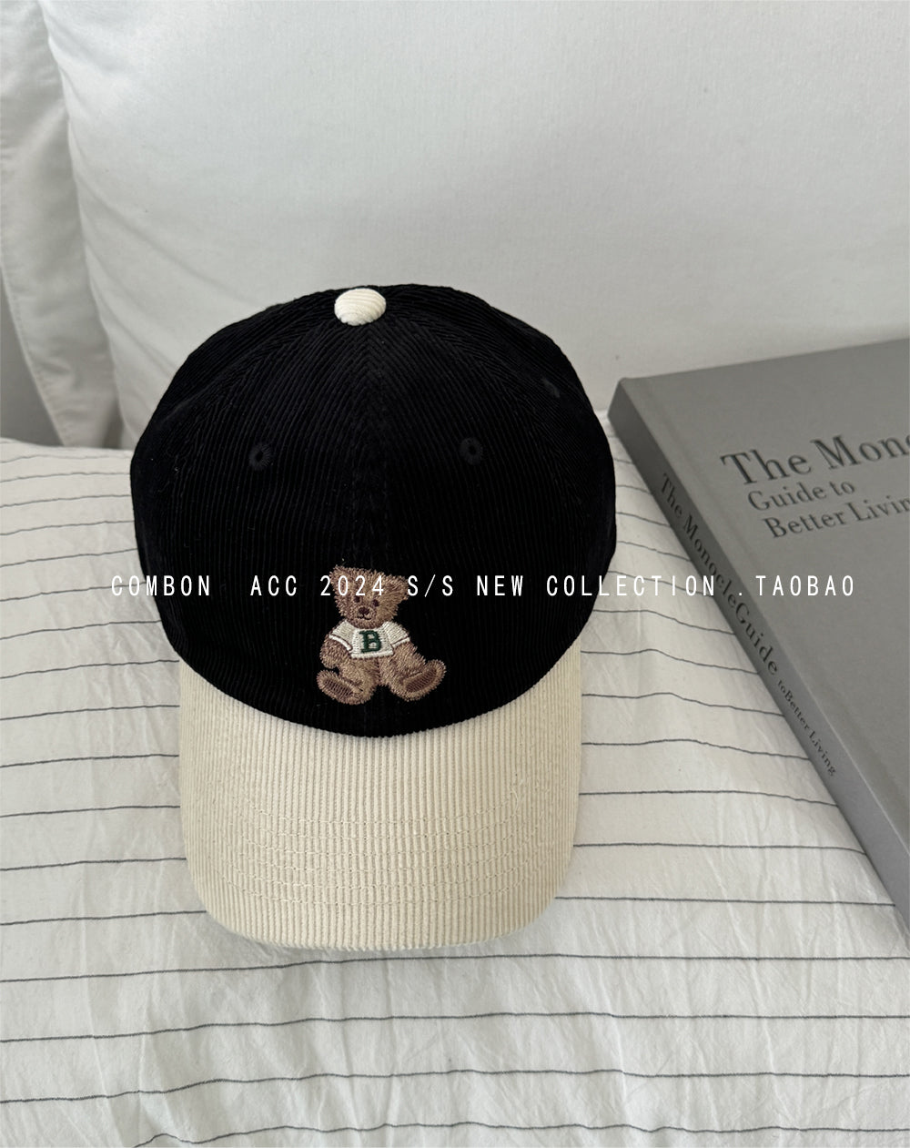 Cute bear embroidered baseball hat for women autumn and winter corduroy color matching retro duckbill cap
