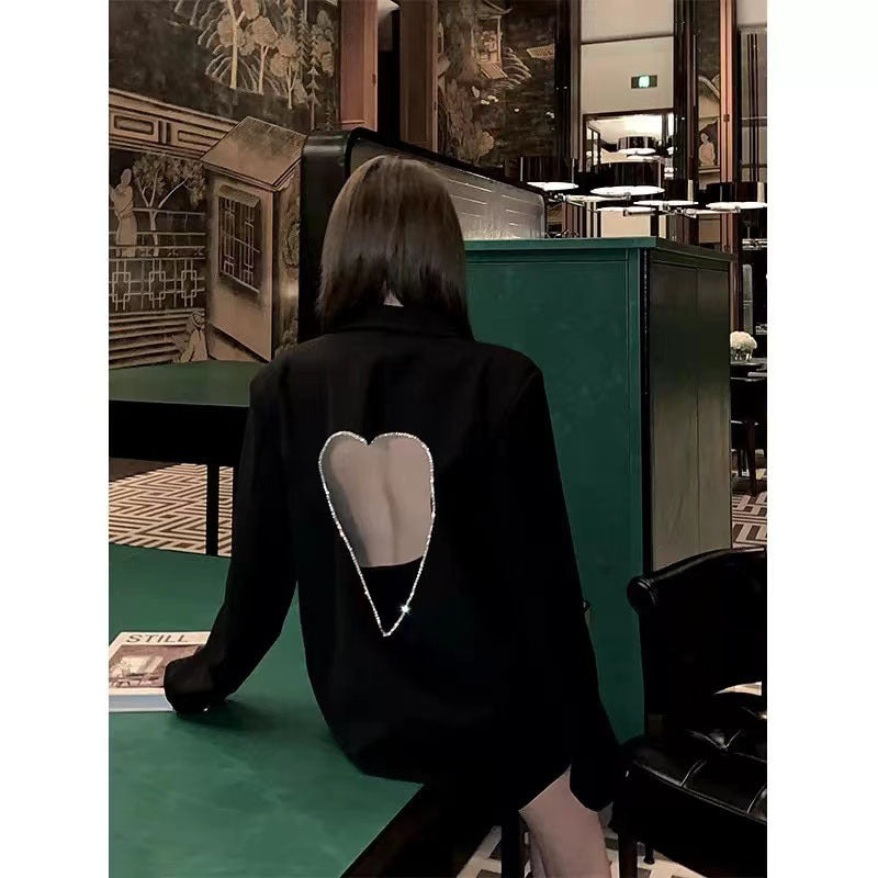 Design sense: Diamond studded backless hollow black suit jacket for women, autumn and winter explosive street love diamond versatile loose suit