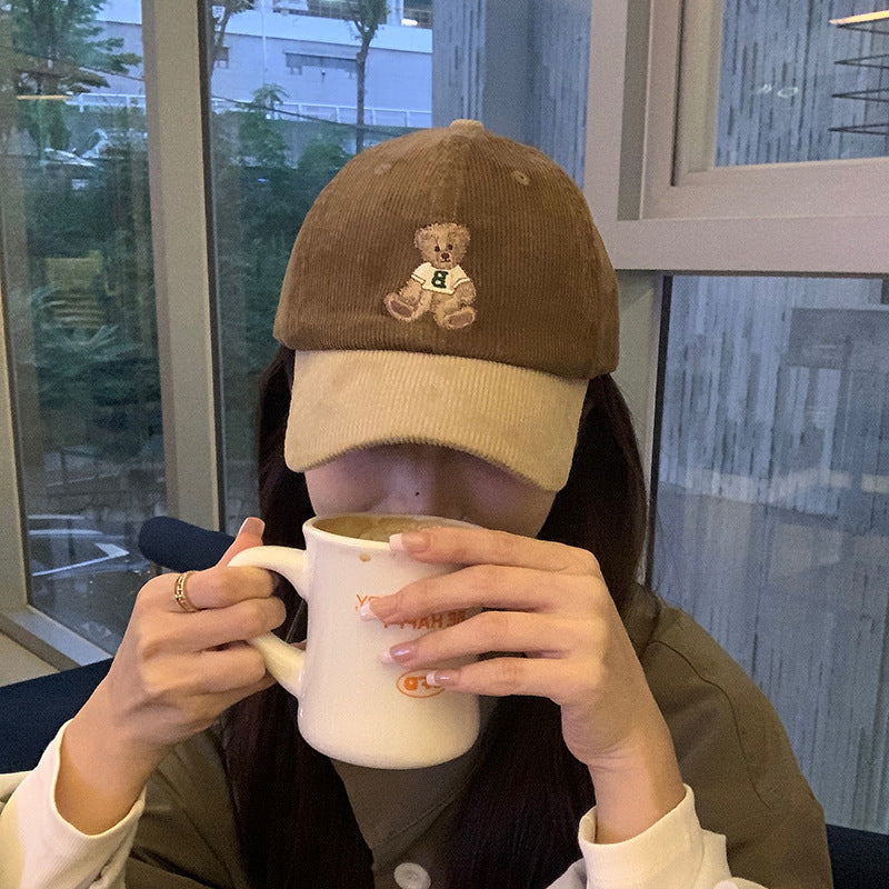 Cute bear embroidered baseball hat for women autumn and winter corduroy color matching retro duckbill cap