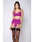 Soft Lace Bra, High Waist Satin & Mesh Garterbelt & G-String Fuchsia XL