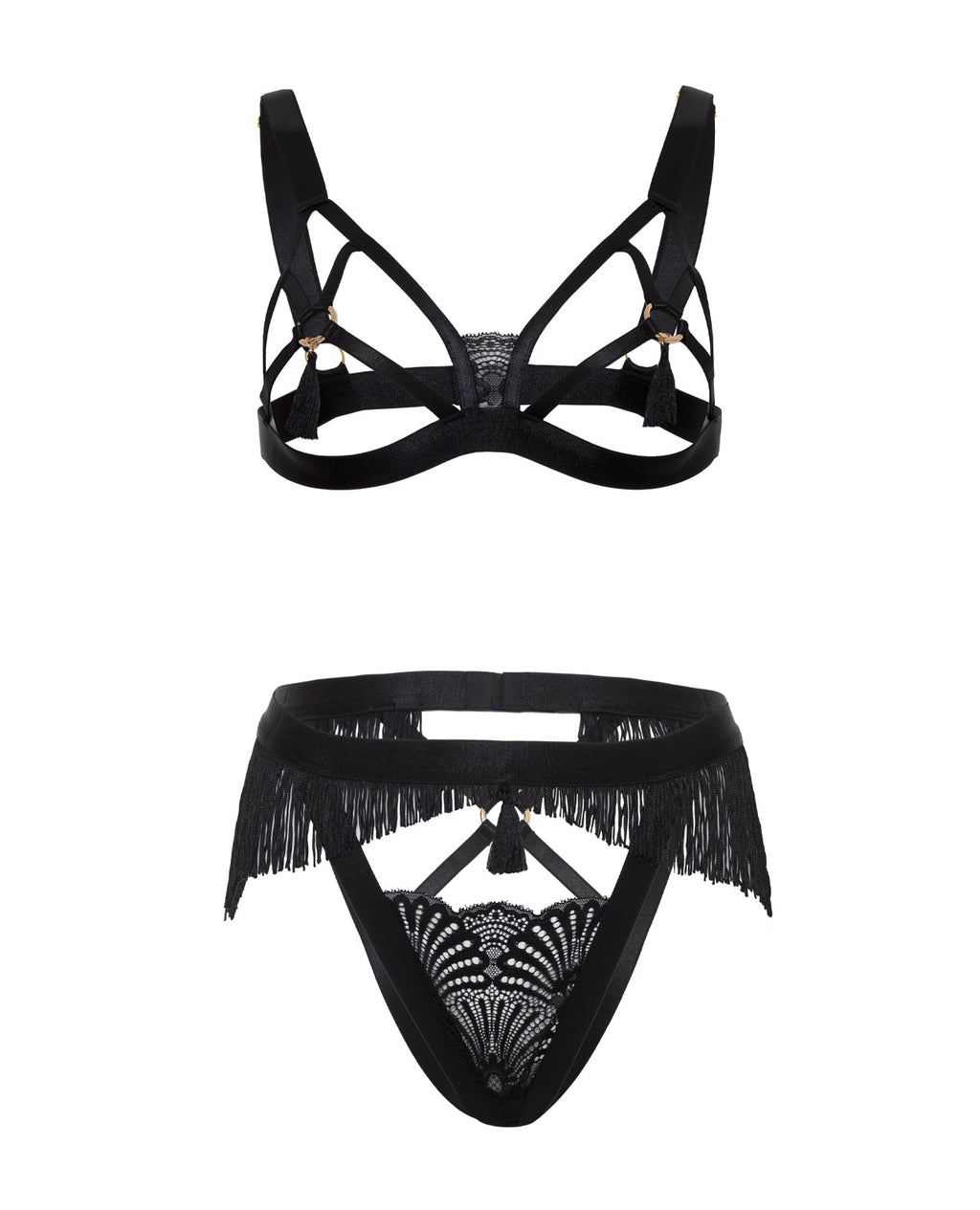 Annika Open Cup 2 pc Set w/Fringe and Tassel Detail - Black S/M