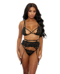 Eyelash Lace Bra, High Waist Garter Belt & G-String Black MD