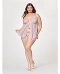 Sheer Mesh & Lace Demi Cup Babydoll & Thong Lavender 3X/4X