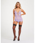 Lace & Mesh Triangle Cup Chemise w/Garters & Thong Lavender LG