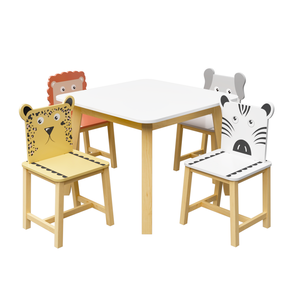 5 Piece Kiddy Table and Chair Set  Kids Wood Table with 4 Chairs Set Cartoon Animals (bigger table) (3-8 years old)