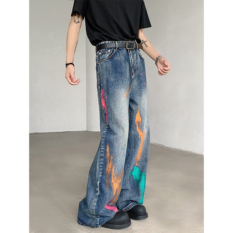 Painted jeans men's American loose wide leg long pants