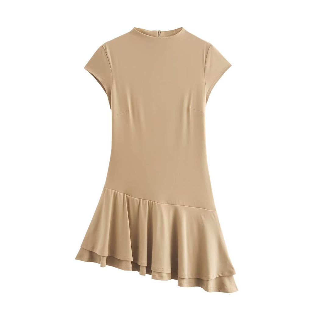 Half high neck short sleeved ruffled skirt dress for women