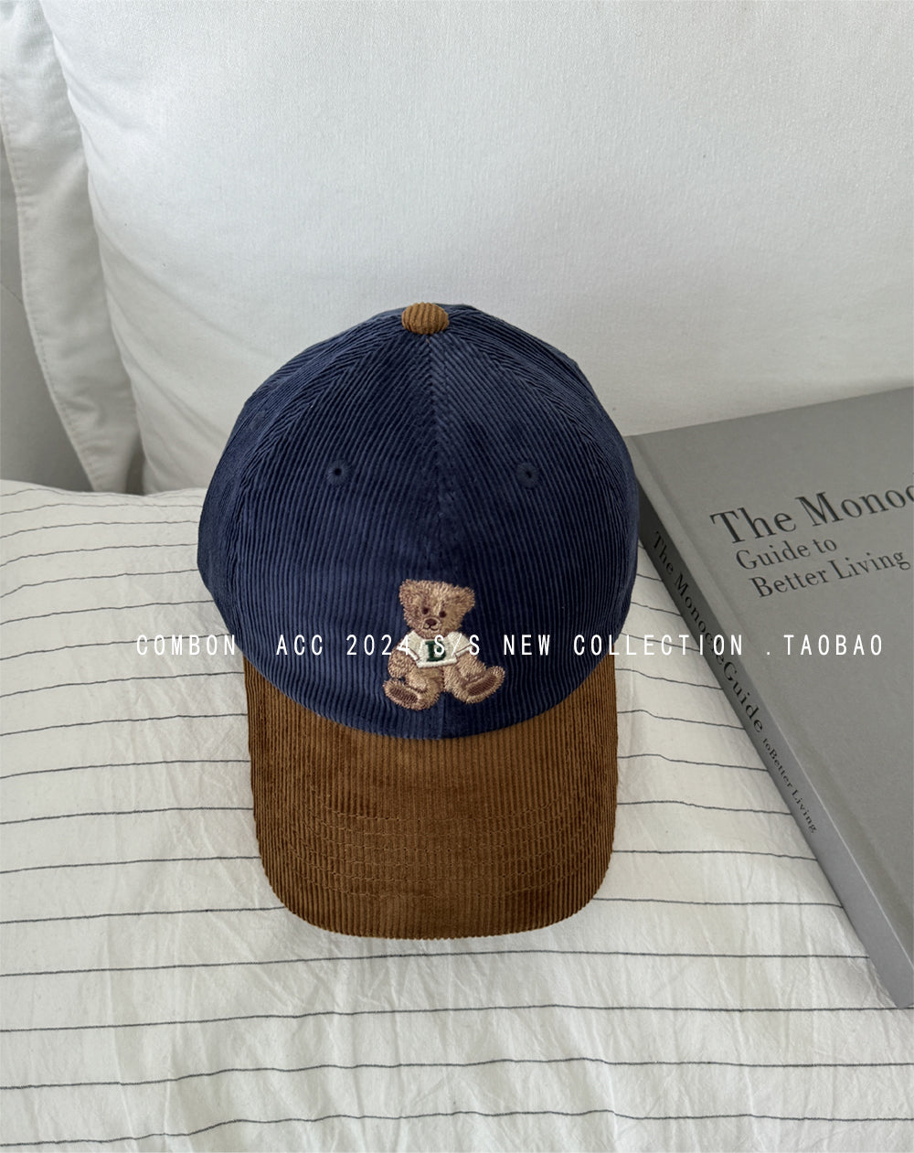 Cute bear embroidered baseball hat for women autumn and winter corduroy color matching retro duckbill cap
