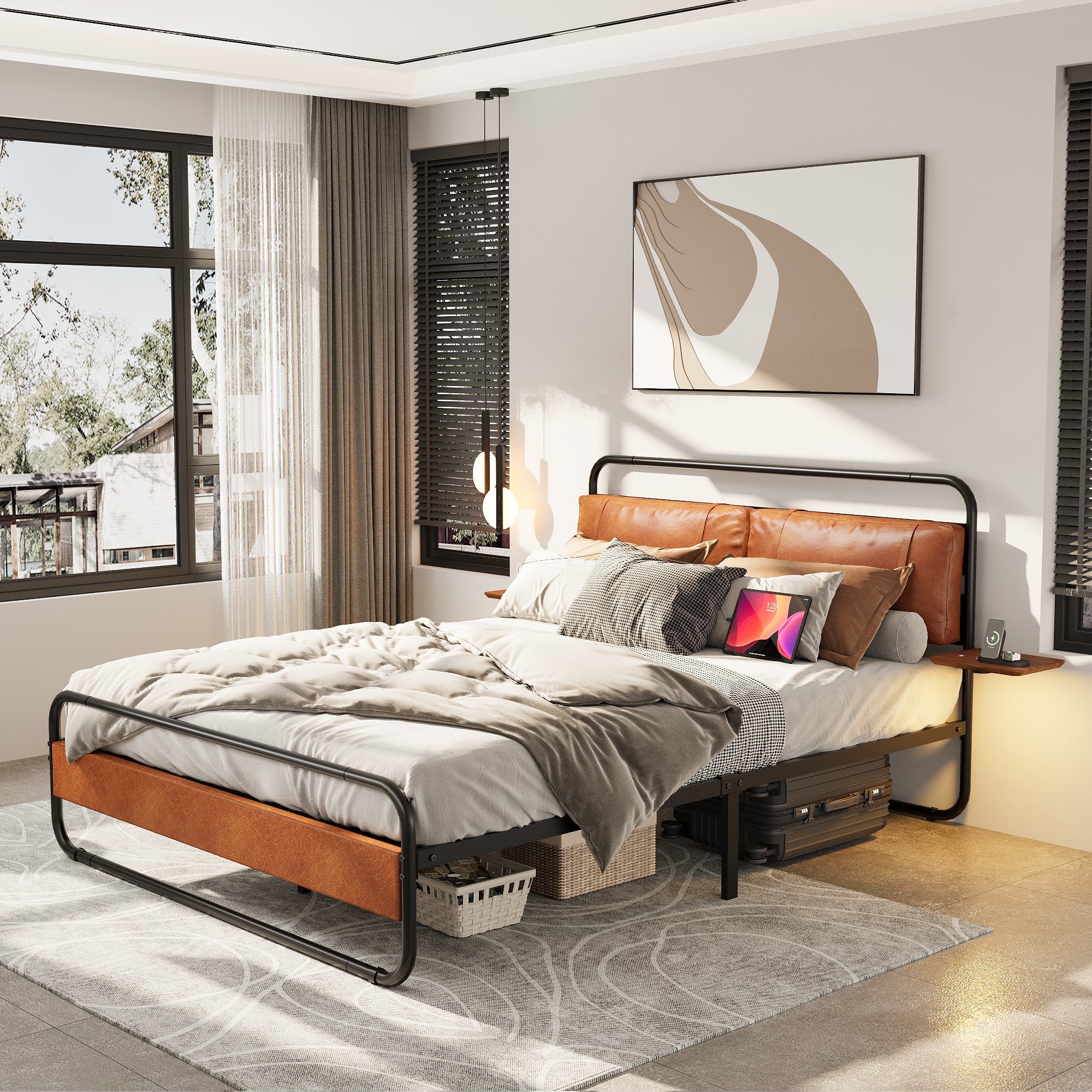 King Size Metal Bed Frame with Upholstered Headboard, with wireless charging and USB A & USB C, Touch LED light Vintage Brown
