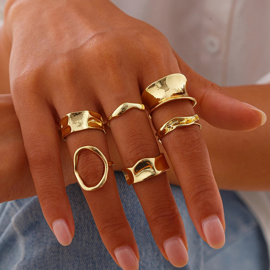 Ingemark 6Pcs/Set Punk Irregular Hollow Folded Metal Cuff Rings for Women Vintage Geometric Adjustable Open Finger Rings Jewelry