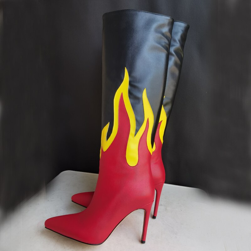 Processing time:3-7days after placing ordersNew Punk Style Mixed Color Embroidery Knee High Long Boots Thin Heel Pointed Toe Sexy Party Women's Shoes Black Red Big Size 43