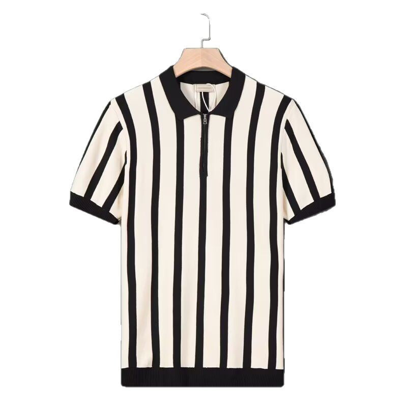 Color blocking striped zipper ice silk knitted T-shirt